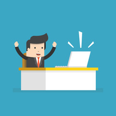 Happy businessman raising hands, sitting at his working desk with laptop. Flat cartoon style. Vector illustration.