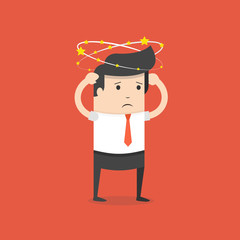 Businessman with flying stars around his head. Flat cartoon style. Vector illustration.