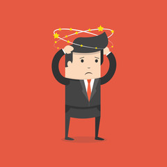 Businessman with flying stars around his head. Flat cartoon style. Vector illustration.