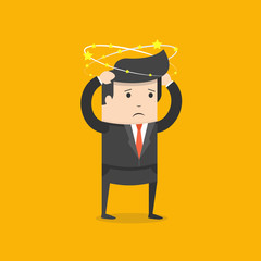 Businessman with flying stars around his head. Flat cartoon style. Vector illustration.