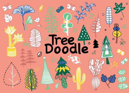 Doodle of tree set with hand draw, doodle  forest  abstract silhouettes outlined trees in a collection set