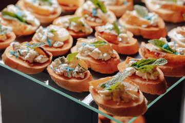 delicious festive buffet with canapés and different delicious meals