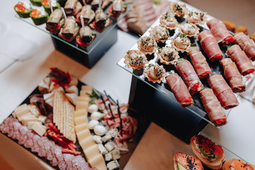 delicious festive buffet with canapés and different delicious meals