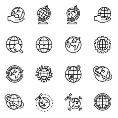 Globe and earth geography graphic icon set with white background. Planet Earth cartography. Thin line style stock vector.