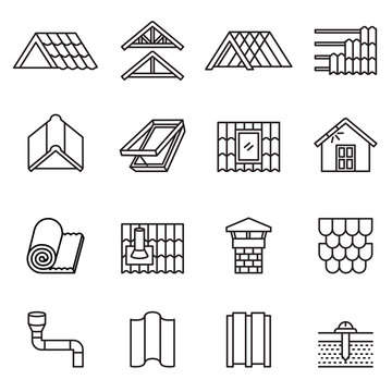 Roof, housetop construction materials, waterproofing icon set. Thin line style stock vector.