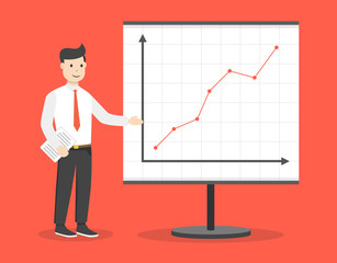 Businessman with file in his hands demonstrates the income schedule. Presentation of revenue growth for investors. Flat cartoon style. Vector illustration.