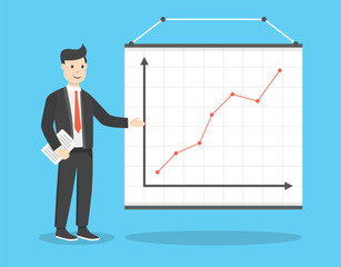 Businessman with file in his hands demonstrates the income schedule. Presentation of revenue growth for investors. Flat cartoon style. Vector illustration.