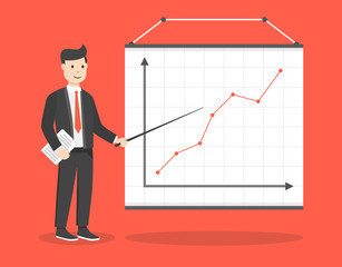 Businessman with file in his hands demonstrates the income schedule. Presentation of revenue growth for investors. Flat cartoon style. Vector illustration.