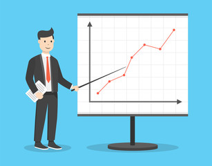 Businessman with file in his hands demonstrates the income schedule. Presentation of revenue growth for investors. Flat cartoon style. Vector illustration.