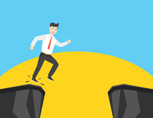 Businessman jump through the gap in the rocks. Symbol of business success, challenge, risk, courage. Flat cartoon style. Vector illustration.