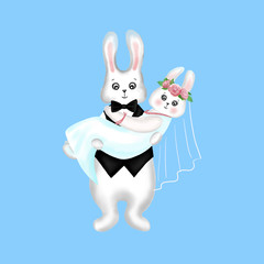 Watercolor wedding couple of cute rabbits. Pair of bunnies in love hand painted illustration
