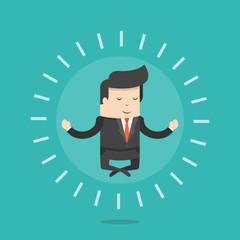 Businessman doing yoga and meditating. Business concept. Flat cartoon style. Vector illustration.