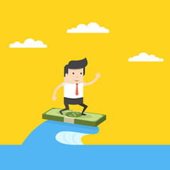 Businessman surfing on the wave. Symbol of business success, challenge, risk, courage. Flat cartoon style. Vector illustration.
