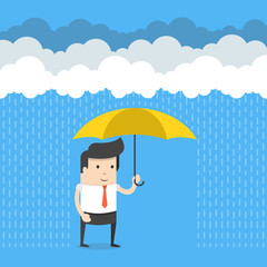 Happy businessman standing with umbrella under thunderstorm. Businessman standing in the rain. Flat cartoon style. Vector illustration.