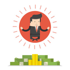 Obraz premium Businessman doing yoga and meditating on huge pile of money. Business concept. Flat cartoon style. Vector illustration.