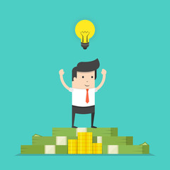 Businessman get a great idea and standing on huge pile of money. Business idea concept. Flat cartoon style. Vector illustration.