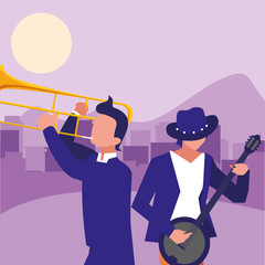 two male musicians musical instruments