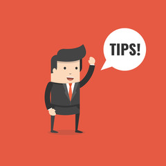 Businessman saying tips. Speech bubble. Flat cartoon style. Vector illustration.