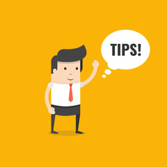 Businessman saying tips. Speech bubble. Flat cartoon style. Vector illustration.