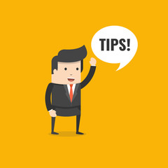 Businessman saying tips. Speech bubble. Flat cartoon style. Vector illustration.