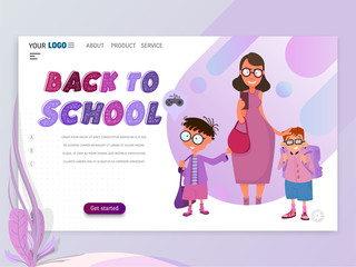 Back to school banner - landing page template for kids site with flat design characters.