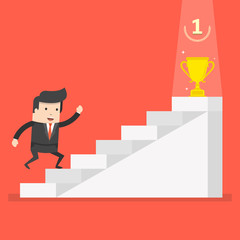 Fototapeta premium Businessman running up to trophy. Business concept in way to success. Flat cartoon style. Vector illustration.