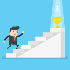 Fototapeta premium Businessman running up to trophy. Business concept in way to success. Flat cartoon style. Vector illustration.