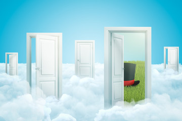 3d rendering of white clouds with open doorways and black top hat behind on blue sky background