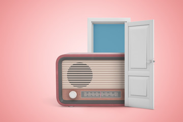 3d rendering of a white open doorway with vintage retro radio on light pink background