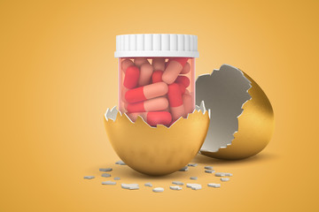 3d rendering of medical pills plastic jar hatching out of golden egg on yellow background