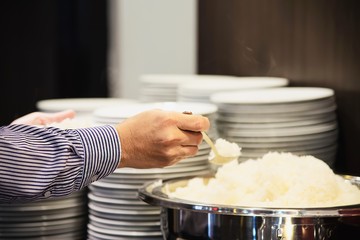 Business man eat the breakfast set in a hotel - people with breakfast in hotel concept