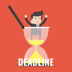 Businessman stuck in sandglass. Business deadline concept. Flat cartoon style. Vector illustration.
