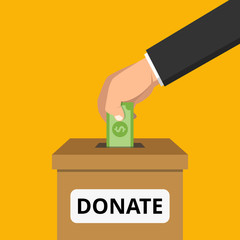 Hand putting money bill in to the donation box. Donation concept. Flat Vector illustration.