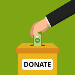 Hand putting money bill in to the donation box. Donation concept. Flat Vector illustration.