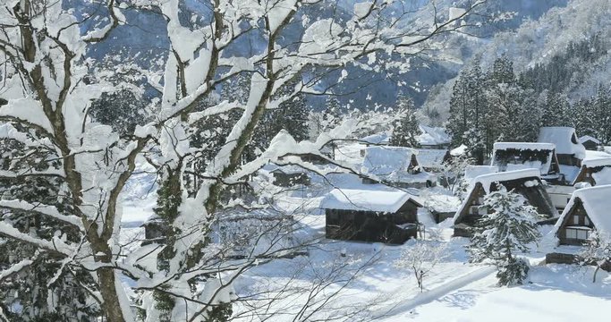 Panning shot of Ainokura&nbsp;village&nbsp;in winter, Japan