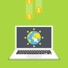 Make money online concept. Laptop, mouse cursor, gold coins. Flat vector illustration.