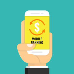 Concept for mobile banking and online payment. Flat cartoon style. Vector illustration.