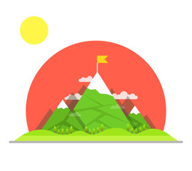 Obraz premium Top of the mountain with red flag. Business success concept. Flat vector illustration.