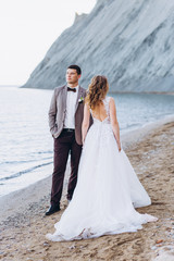 Happy newlywed couple. Beautiful bride and groom in a suit.