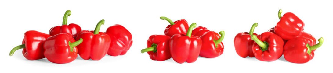 Set of fresh red bell peppers on white background. Banner design