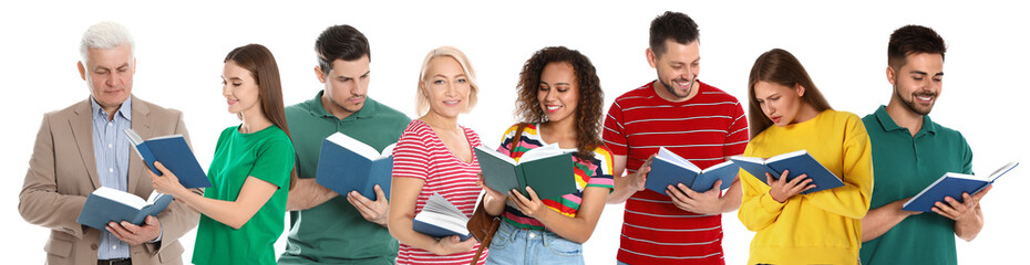 Senior man reading book on white background