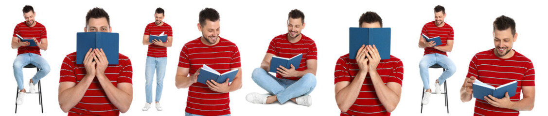 Senior man reading book on white background