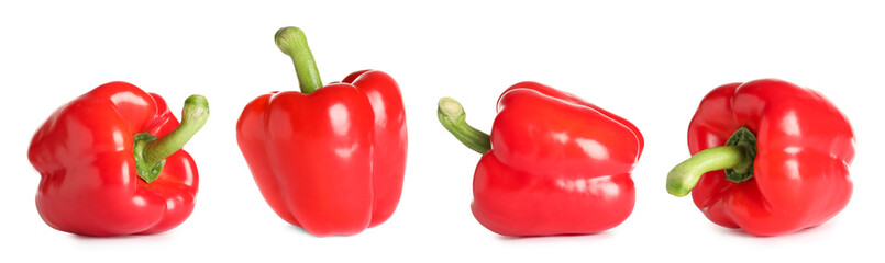 Set of fresh red bell peppers on white background. Banner design