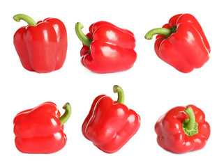 Set of fresh red bell peppers on white background