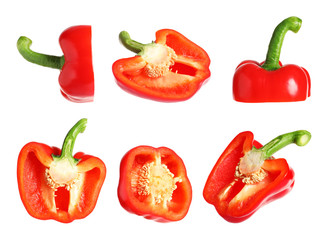 Set of fresh red bell peppers on white background