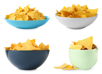 Set of delicious Mexican nachos chips on white background