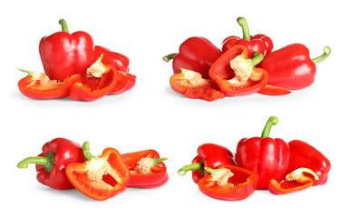Set of fresh red bell peppers on white background