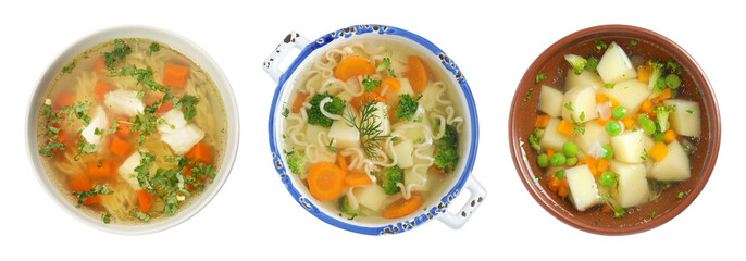 Set of fresh homemade vegetable soup on white background, top view. Banner design