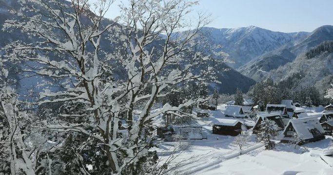 Panning shot of Ainokura village&nbsp;in winter, Japan