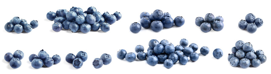 Set of delicious fresh blueberries on white background. Banner design